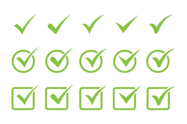 İşaret simgelerini kontrol et. Yeşil işaret vektör simgeleri. Onaylanmış simge.