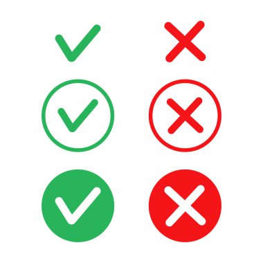 Evet ve ikon vektör grafikleri yok. Doğrulama ve iptal ikonu. İşaretle ve çapraz düğme vektörü