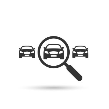 Araç sembolü. Arabalı büyüteç. Taşıyıcı arıyoruz. Araç işareti vektörü ara.