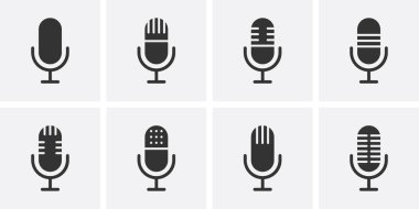 Mikrofon simgesi ayarlandı. Podcast simgesi seti. Vektör illüstrasyonu