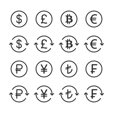 Para birimi sembol kümeleri. Döviz borsası simgesi seti. Dolar, avro, pound, rusya rublesi, yen, bitcoin minimum vektör çizimi.