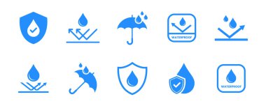 Su geçirmez simge seti. Su geçirmez tabela koleksiyonu. Suya dayanıklı sembol. Kalkanlı su koruma ikonu. Ambalaj sembolleri. Vektör illüstrasyonu.