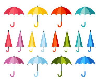 Şemsiye simgesi vektör seti. Renkli şemsiye çizimleri.