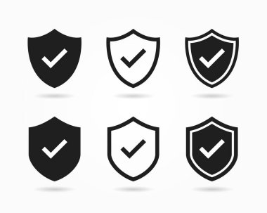 Koruma ikonu vektörü seti. Güvenlik kalkanlarında işaret simgesi var. Güvenli, koruma, güvenlik simgesi çizimi