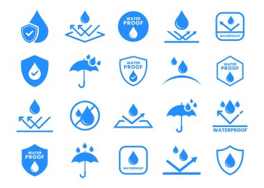 Waterproof icons vector set. Water resistant icons for package. Water drop protection concept. clipart