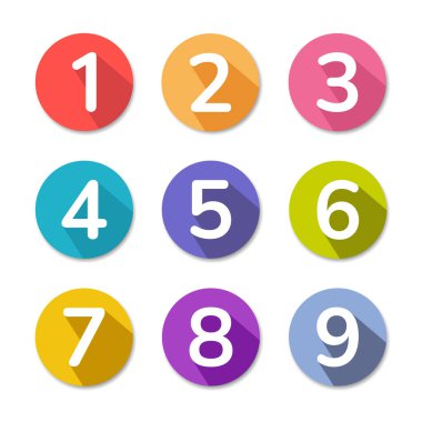 Numara 1 'den 9 vektörüne. Beyaz arkaplanda dokuz renkli sayı simgesi kümesi.