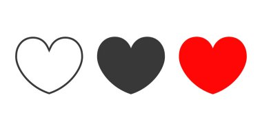 Kalp ikonu ayarlandı. Kırmızı, siyah ve ana hatlı kalp simgeleri. Aşk simgesi seti