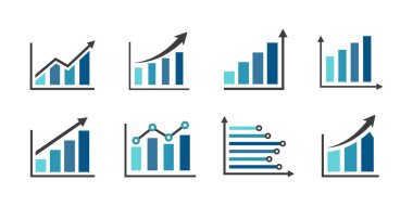 Büyüyen grafik simgesi seti. Büyüyen çubuk grafiği. Oklu iş çizelgesi. Büyüme grafiği toplama vektörü.