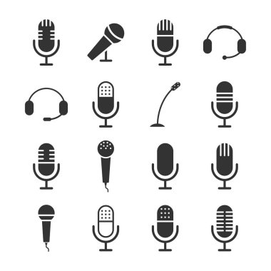 Mikrofon simgesi ayarlandı. Kayıt stüdyosu sembolü. Podcast simgesi seti.