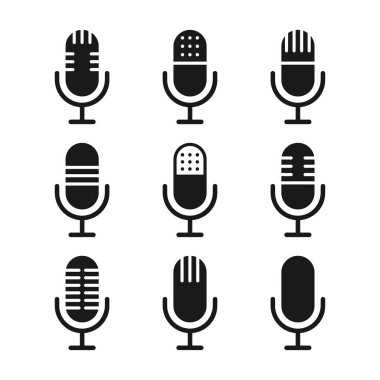 Mikrofon simgesi ayarlandı. Podcast simgesi seti. Mikrofon Kayıt Stüdyosu Sembolü.