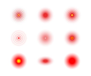 Kırmızı acı ikonu döndürür. Acı ve Ache sembolleri. Eşmerkezli daire elementleri. Minimum radyal dalgalanmalar. Ses dalgaları.