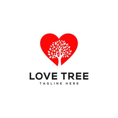 Aşk ağacı doğa logosu tasarımı. Kalp işareti vektör simgesine sahip ağaç