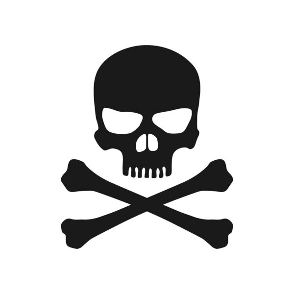 Значок черепа. Вектор иконок черепа и перекрестных костей. Предупреждающий знак опасности черепа и костей. Череп со значком вектора перекрестных костей