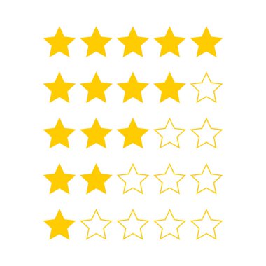 Derecelendirme yıldızları. Bir dizi yıldız derecelendirme sembolü. Yıldızların kalite değerlendirme simgesi. Vektör illüstrasyonu.