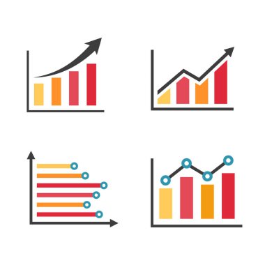 Büyüyen grafik simgesi seti. Büyüyen çubuk grafiği. Oklu iş çizelgesi. Büyüme grafiği toplama vektörü.