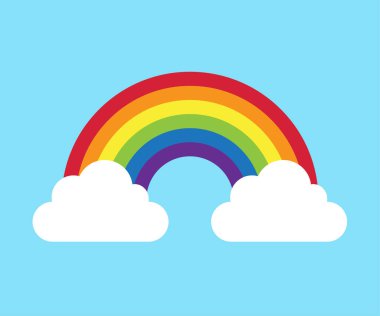 Gökkuşağı vektör ikonlu bulut. Bulutlu gökkuşağı beyaz arkaplanda izole edilmiş. Gökkuşağı vektör illüstrasyonu