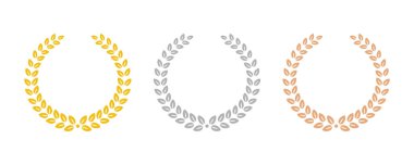 Zafer ikonu Laurel çelengi. Ödül tasarım şablonları. Altın, gümüş ve bronz madalya seti. Laurel çerçeve sıralama dekorasyonu