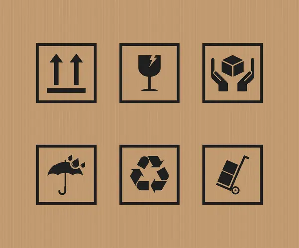 Paketleme sembolleri ayarlandı. Koleksiyon ambalaj simgeleri, ambalaj işaretleri. Kutu, tasarım ve bilgi için. Kırılgan, geri dönüşüm, özenli taşıyıcı