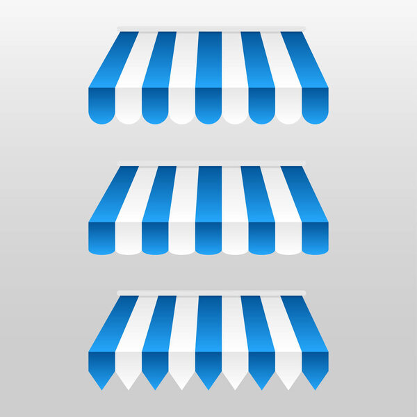 Blue and white sunshade. Outdoor awnings for cafe and shop window vector set. Tent sunshade for market, stripe summer scallop for store illustration