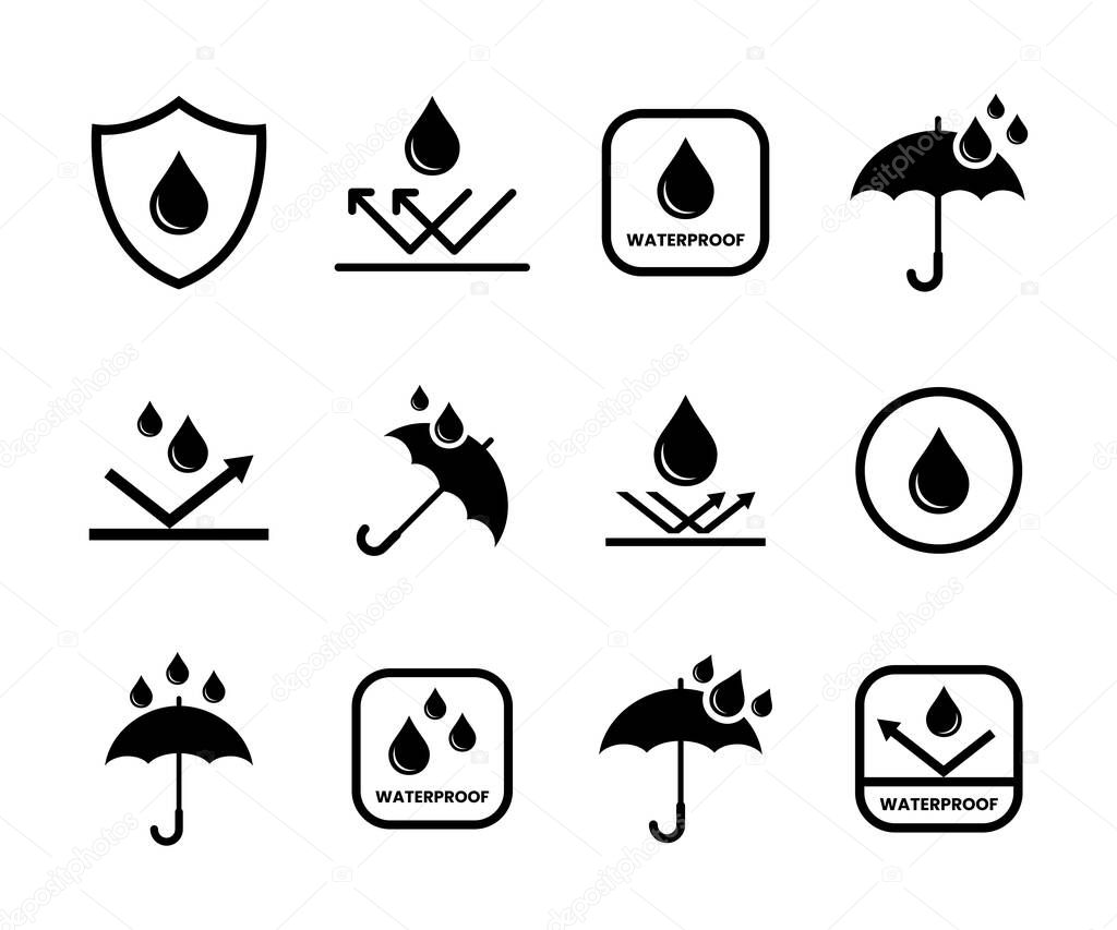 Waterproof icon set. Water resistant signs collection. Waterproof signs symbols
