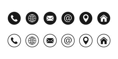 İletişim ve iletişim ikonu. İletişim bilgileri simgeleri, kartvizit ve web sitesi vektörü. Doğrusal ve yuvarlak.
