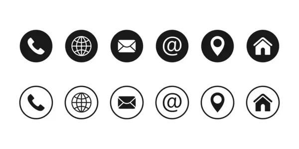 İletişim ve iletişim ikonu. İletişim bilgileri simgeleri, kartvizit ve web sitesi vektörü. Doğrusal ve yuvarlak.