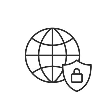 Dünya güvenlik ikonu. Küresel Güvenlik Koruma Ağı ikon vektör işareti. Satır biçimi içinde internet güvenlik simgesi