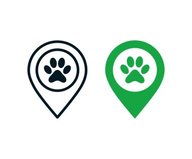 Hayvan izleyici simgesi. Hayvan konumu pin simgesi. Köpek pençesi yazdırma simgesini işaretle