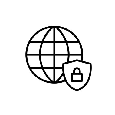 İnternet güvenlik simgesi. Küresel güvenlik ve uluslararası koruma ikonu. Dünya ağ güvenlik simgesi