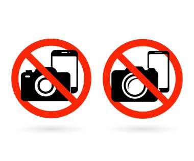 Telefon, arama, ses ve kamera yasağı işareti yok. Fotoğraf ve telefon uyarı işareti vektör illüstrasyonu.