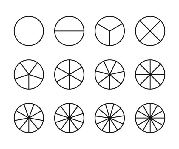 Круги разделены на сегменты от 1 до 12. Набор значков сегментных ломтиков. Векторный раунд 12. Значок Pie charts.