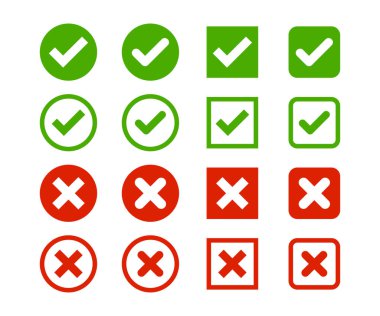 İşaretleme ve işaretleme vektör simgesi ayarlandı. Doğru ve yanlış vektör işareti. İşaretleme ve x işareti simgesi. İzole edilmiş kene sembolleri, kontrol listesi işaretleri, onay rozeti.