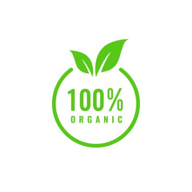 % 100 organik vektör logosu tasarımı. Organik ürün ikonu. Sağlıklı gıda amblemi. Organik gıda rozeti..