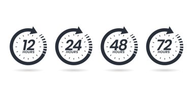 12, 24, 48, ve 72 saat işaret simgeleri. servis açılış saatleri, iş saati veya dağıtım servisi zaman sembolü.