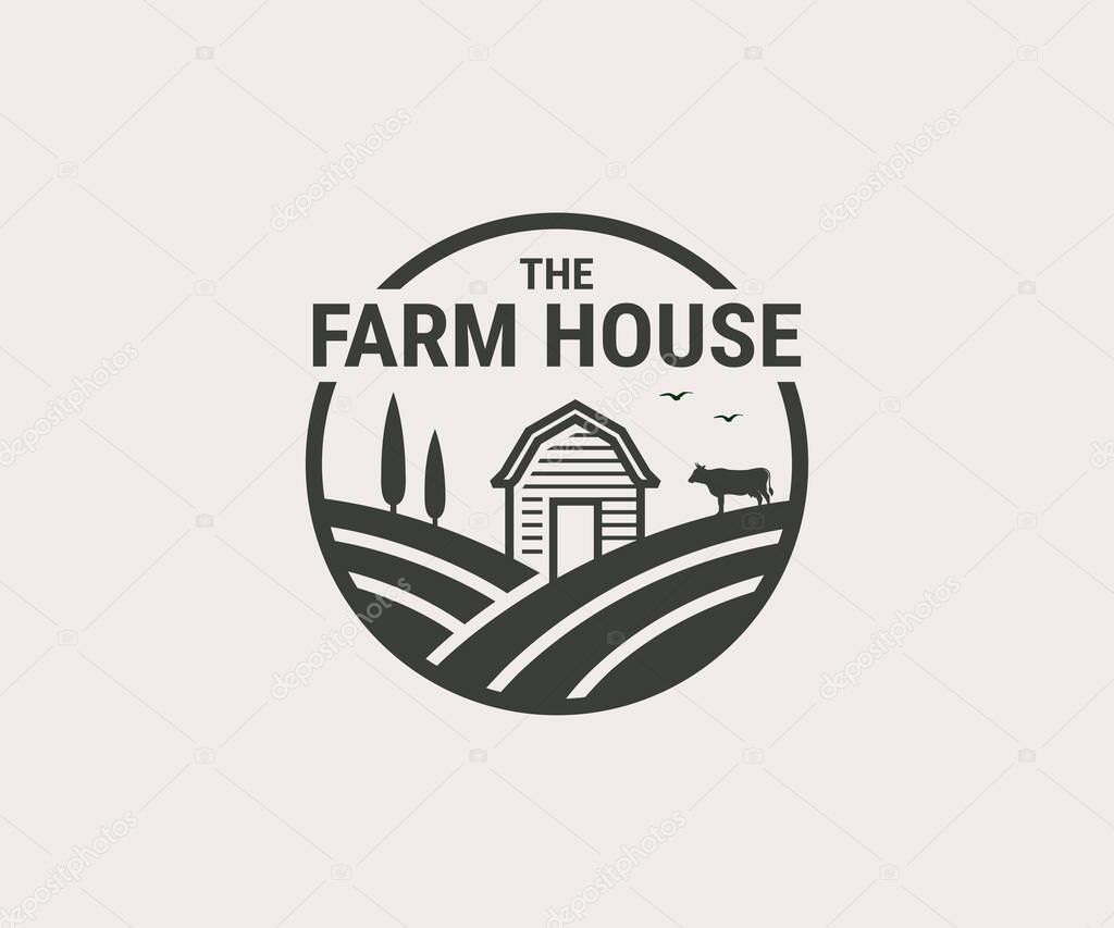 Farm House logo. Cow and field for natural farm products. Vector illustration.