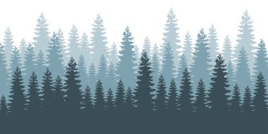 Kozalaklı orman arka planı. Sis her zaman yeşil kozalaklı ağaçlar. Katmanlı ağaç arkaplanı