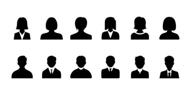 Erkek ve kadın baş siluetleri, avatar, profil simgeleri. Öntanımlı isimsiz kullanıcı portresi çizimleri.
