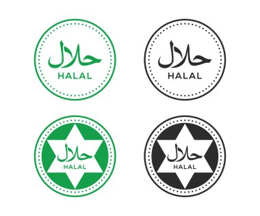 Yuvarlak şekilli helal gıda etiketi koleksiyonu. Halal logo tasarımı. Helal işareti vektörü.