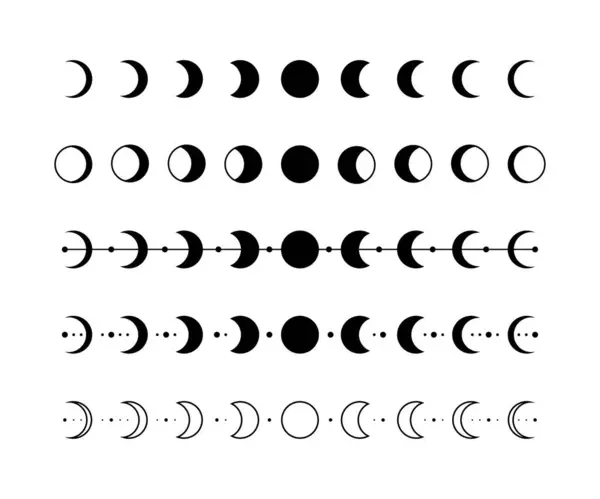 Ay simgesi. Ay aşamaları siluet simgesi koleksiyonu. Hilal simgesi hazır. Ay düz simge vektör koleksiyonunun aşamaları