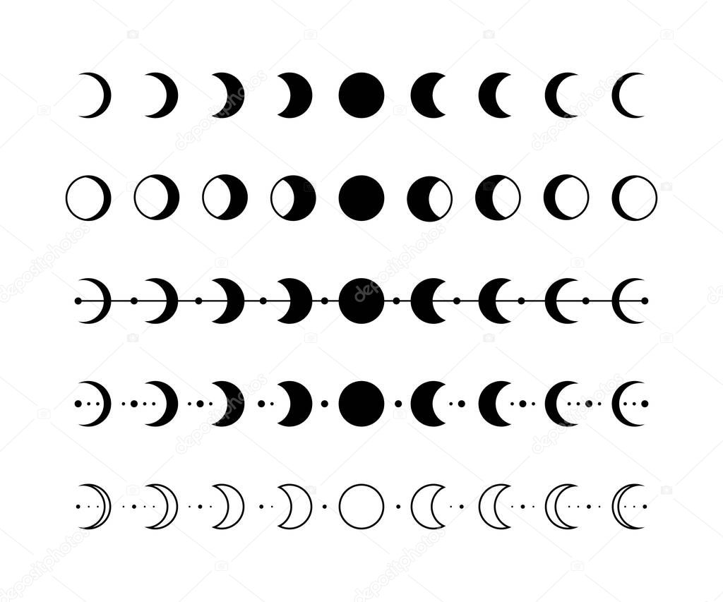 Moon icon. Moon phases silhouette icon collection. Crescent icon set. Phases of the moon flat icons vector collection