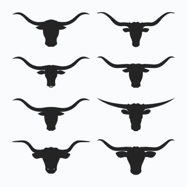 Longhorn Bull Head Siluet Simgesi Set Vektörü. Boğa Başı Simgesi Vektörü.