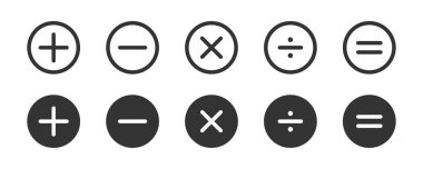 Artı, eksi simge seti. Hesap makinesi simgesi sembolü. Matematik ikonu tasarımı. Artı, eksi, çarpma, eşit ve bölme işaretleri. Matematik işaret sembolü.