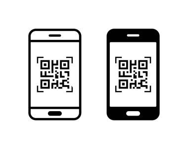 QR kod tarama simgesi. Cep telefonu taraması QR kod vektör simgesi. Tarayıcı sembollü telefon. Vektör illüstrasyonu.