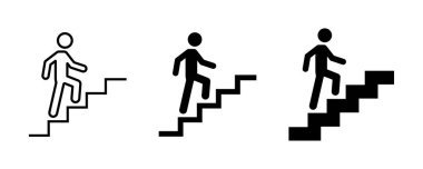 Merdiven ikonu hazır. Merdiven ikonundaki adam. Adam merdiven tırmanışı ikonu. Merdivenleri çıkmak ya da merdiven tabelası. Merdivenleri tırman..
