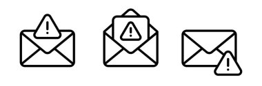 Ünlem işareti vektör simgesi olan posta. Posta hattı simgesi. Uyarı e-posta bildirimi. Spam mesaj uyarı işareti. Uyarı, hata, alarm, tehlike.