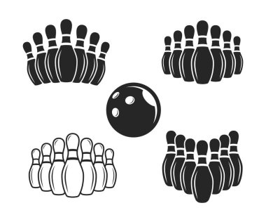 Bowling topu ve iğne simgesi. Bowling Pin ve Top vektörü ayarlandı.
