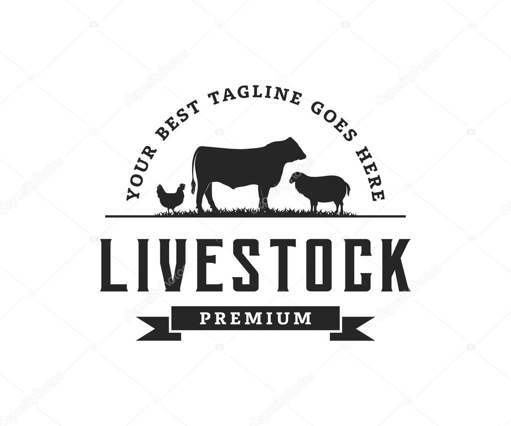 Vintage livestock logo with cow, chicken, and lamb. Animal Farm logo design template