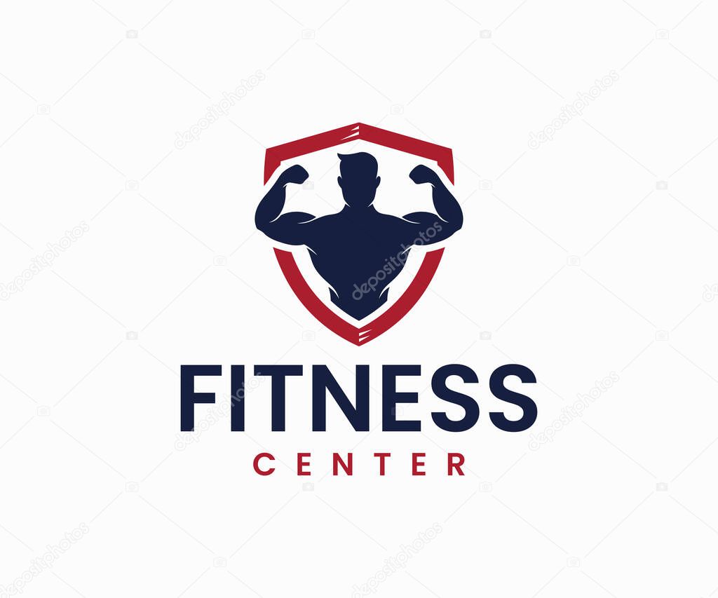 Fitness center logo design. Gym logo with athletic man vector template