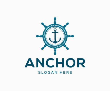 Çapa logosu tasarımı. Gemi çarkı ve çapa vektör simgesi. Deniz logosu tasarımı. Basit çapa logo tasarım şablonu