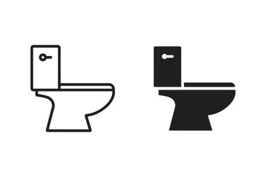 Tuvalet yassı ve çizgi ikonu. Bowling hijyenik malzeme vektör banyosu ayarlandı. Klozet ikonu siyah kabartma resmi. Bidet tuvalet simgesi